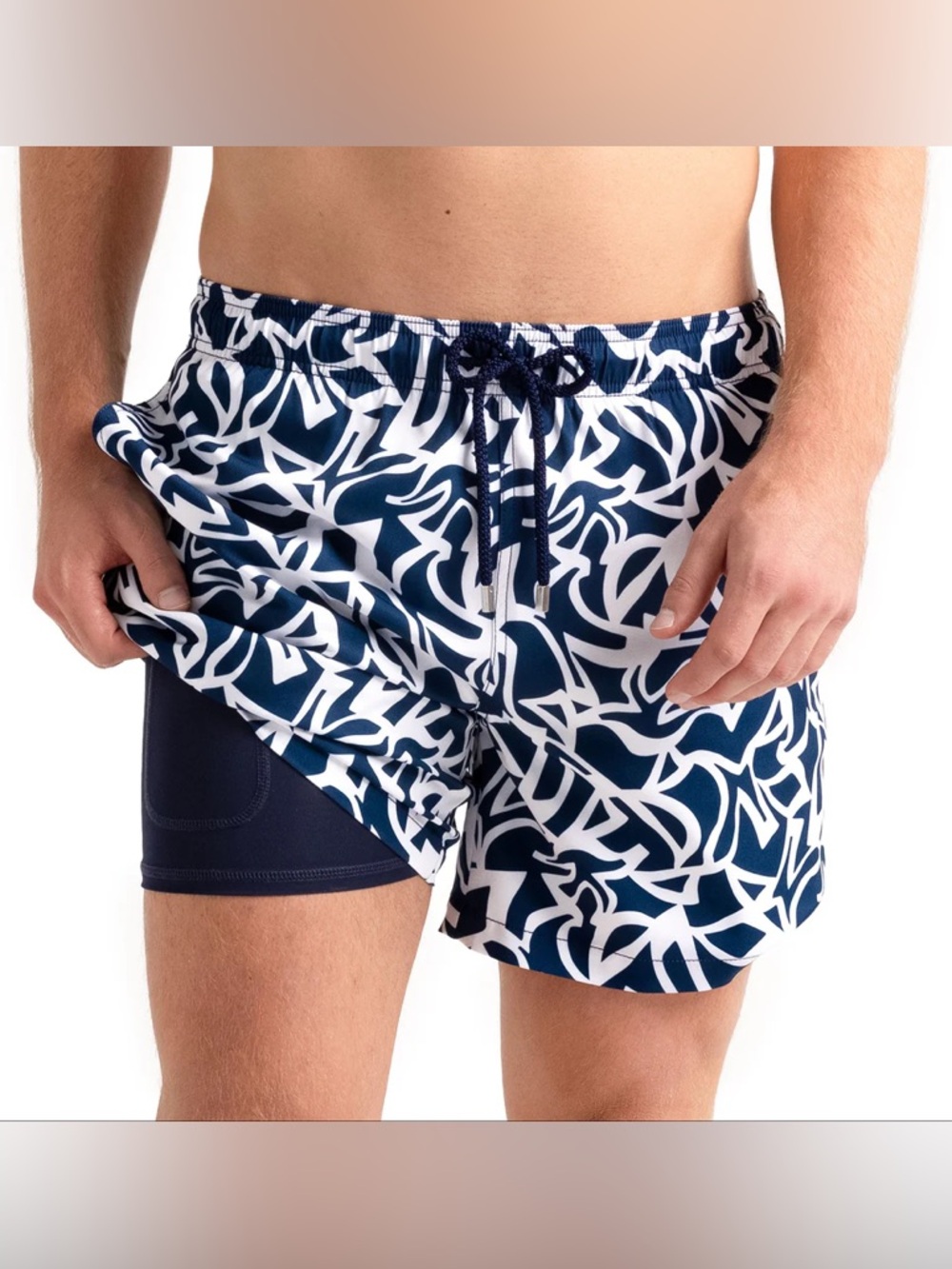 Men's Navy & White Patterned Swim Hybrids with Built-In Liner